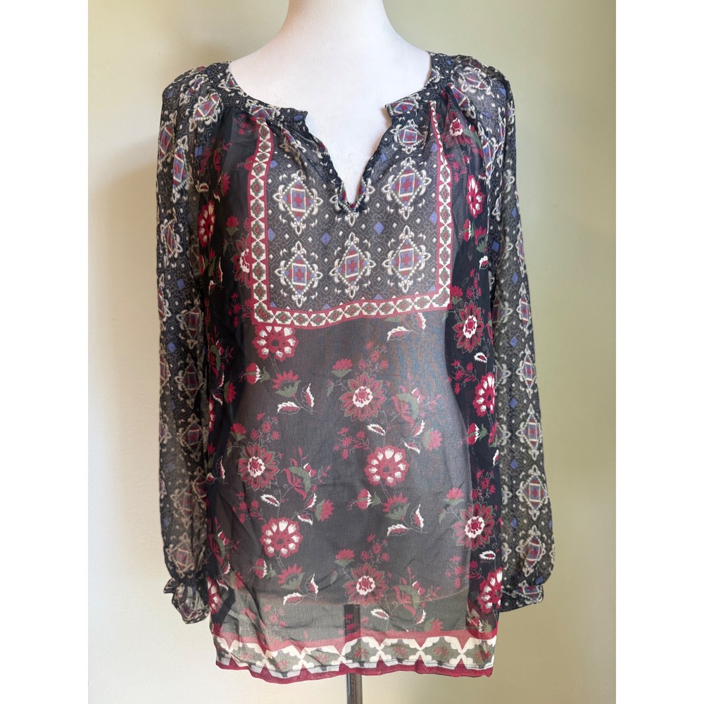 Angie‎ Boho Sheer Floral Blouse Black Red Large whimsi grunge fairy festival y2k